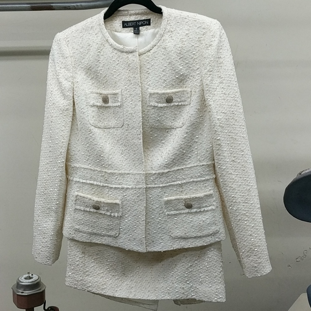 Albert nipon two-piece white suit with gold